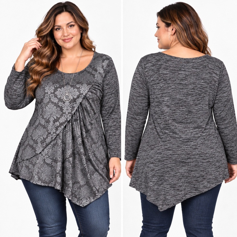 One World Asymmetrical Tunic 1X Silver Gray Shimmer Damask Ruched Slinky Stretch